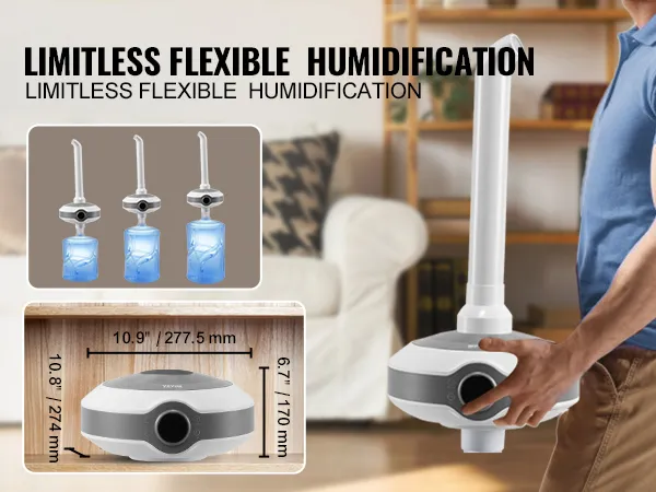 Humidificador VEVOR: diseño compacto, fácil de almacenar y mover, con boquillas de niebla ajustables y medidas mostradas.