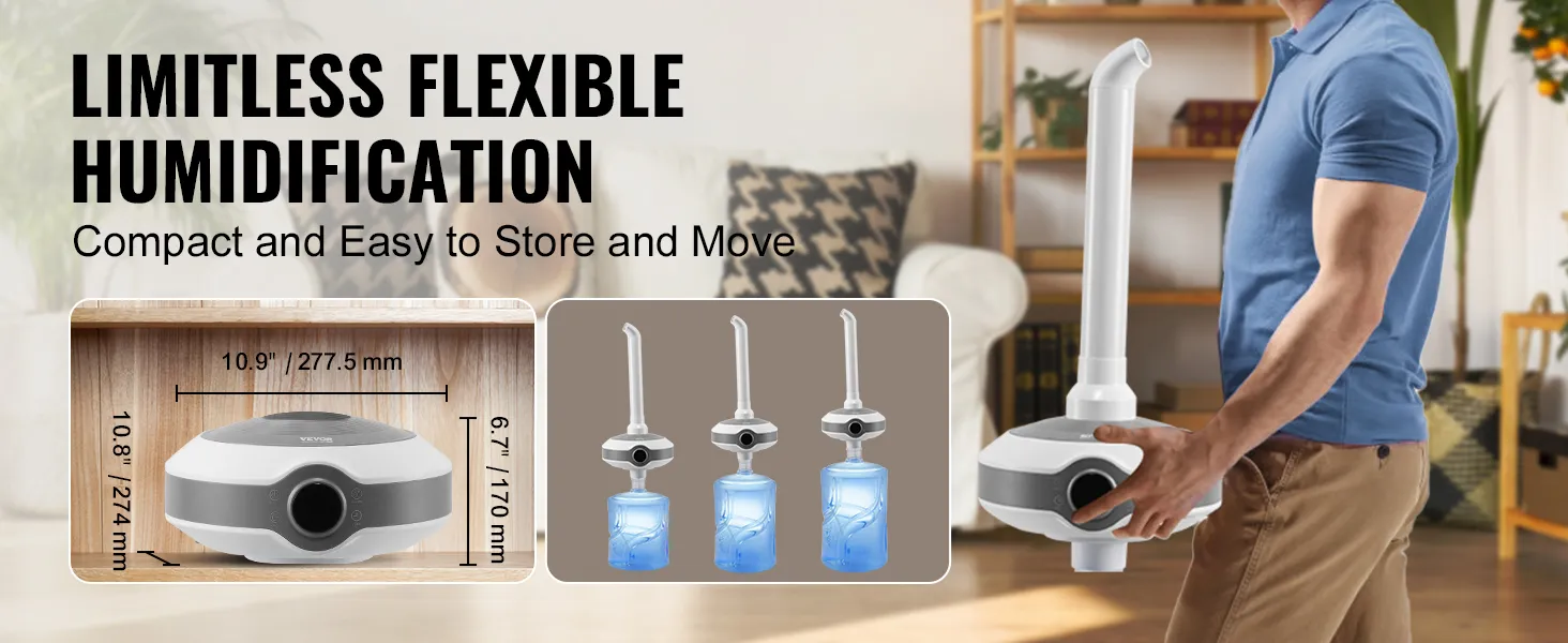Humidificador VEVOR: diseño compacto, fácil de almacenar y mover, con boquillas de niebla ajustables y medidas mostradas.