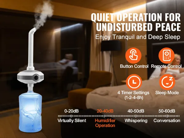 Humidificador VEVOR de funcionamiento silencioso en el dormitorio con modo de suspensión, configuraciones de temporizador, botón y control remoto.
