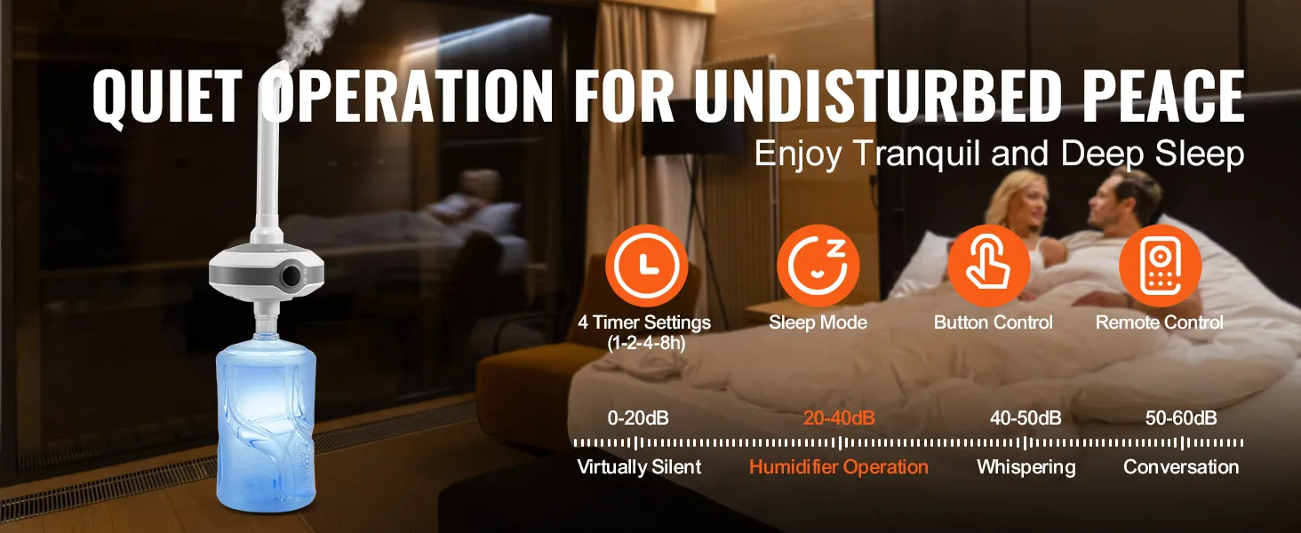 Humidificador VEVOR de funcionamiento silencioso en el dormitorio con modo de suspensión, configuraciones de temporizador, botón y control remoto.