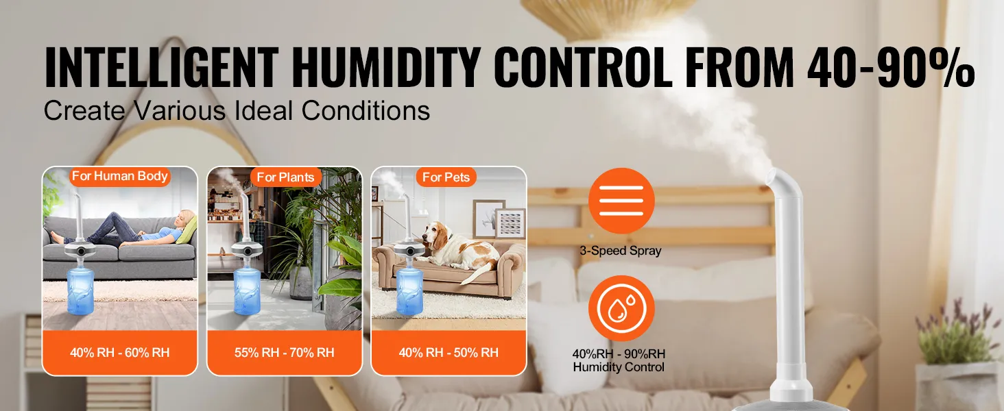 Humidificador VEVOR con pulverización de 3 velocidades para un control óptimo de la humedad del 40% al 90% HR para humanos, plantas y mascotas.