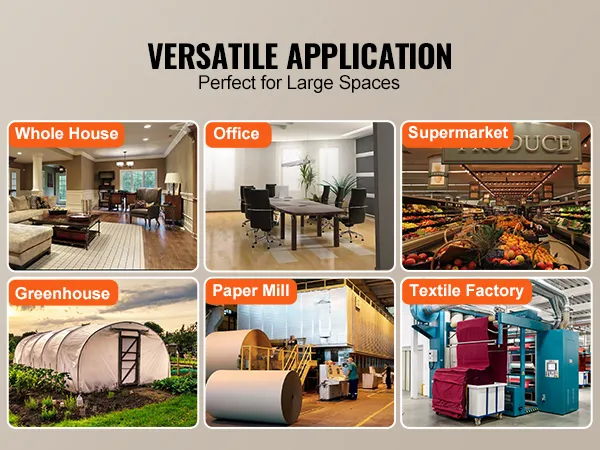 Aplicaciones versátiles del humidificador VEVOR en toda la casa, oficina, supermercado, invernadero, fábrica de papel y fábrica textil.