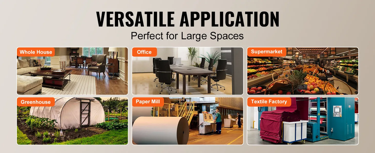 Aplicaciones versátiles del humidificador VEVOR en toda la casa, oficina, supermercado, invernadero, fábrica de papel y fábrica textil.