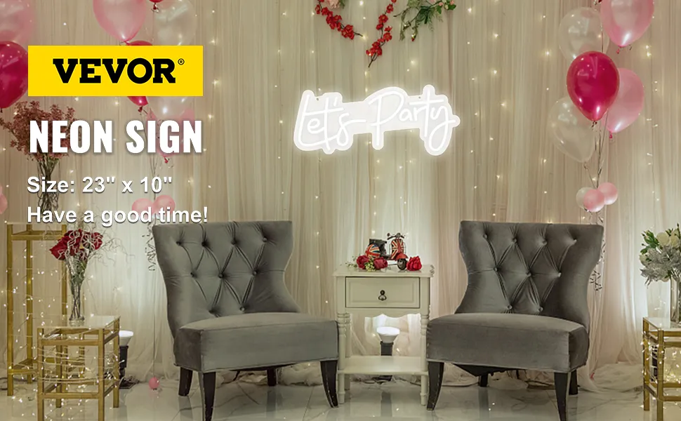 VEVOR let's party neon sign with pink and white balloons, grey chairs, and festive decor.