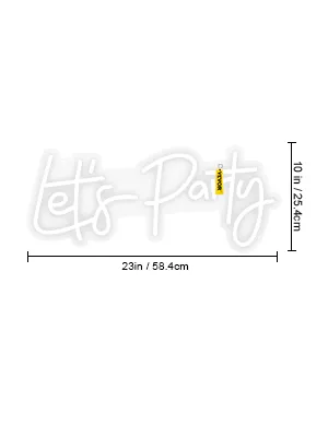 VEVOR let's party neon sign, 23in x 10in dimensions, white script on transparent background.