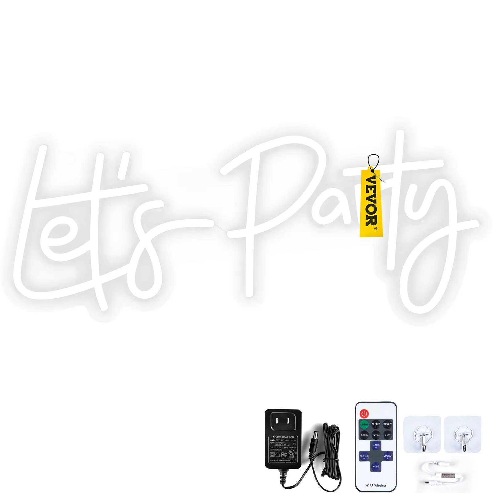 VEVOR let's party neon sign with remote control, power adapter, and mounting hooks.