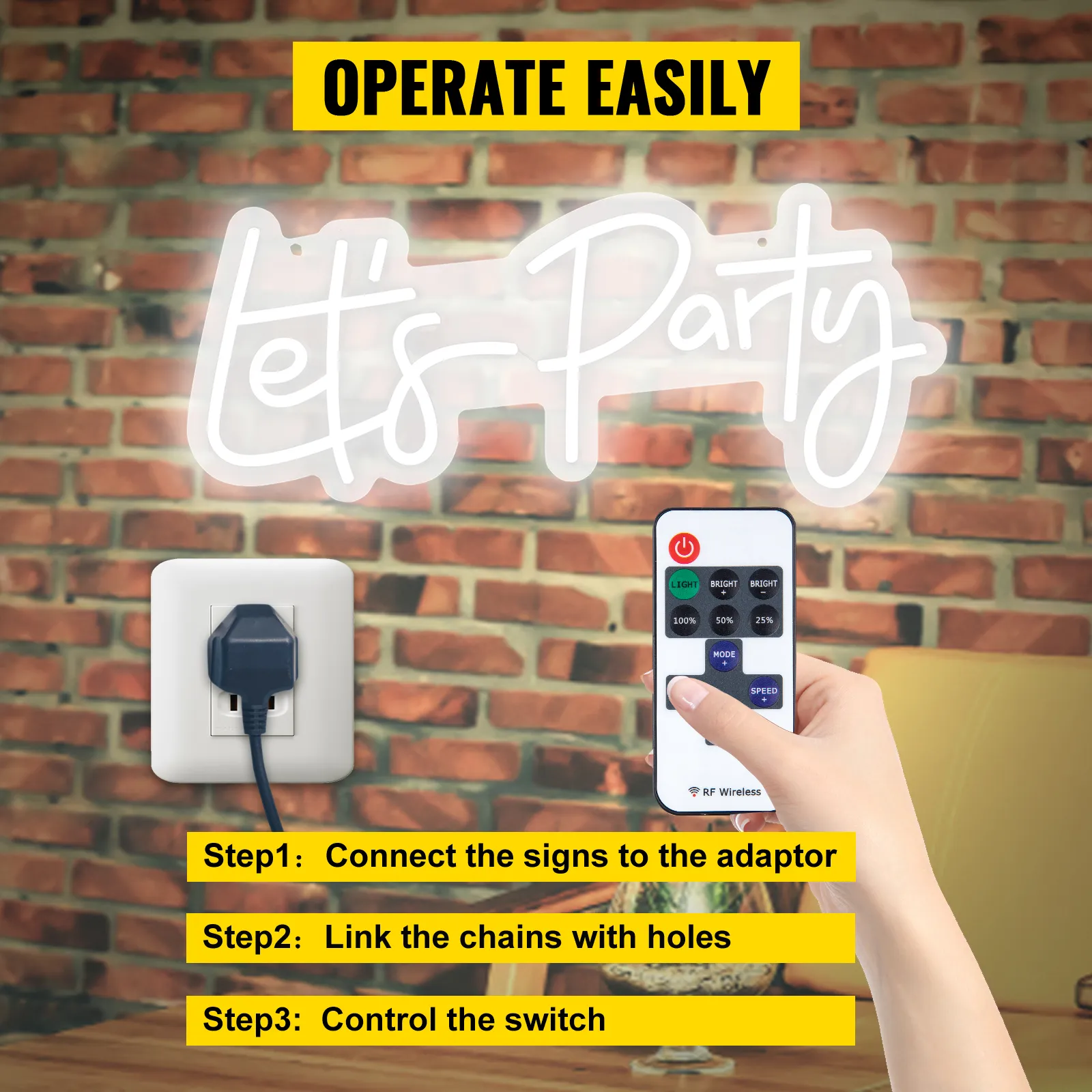 VEVOR let's party neon sign mounted on a brick wall, with setup instructions and remote control in hand.