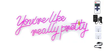 VEVOR neon sign with pink "you're like really pretty" text, power adapter, mount tools, and remote.