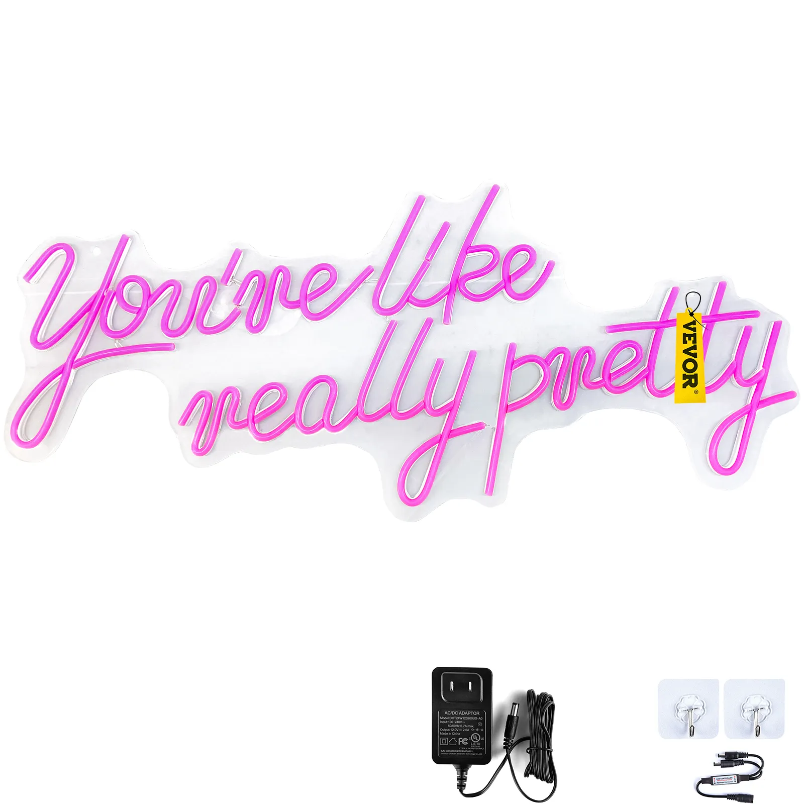 VEVOR neon sign with "you're like really pretty" in pink script, includes power adapter and mounting hardware.