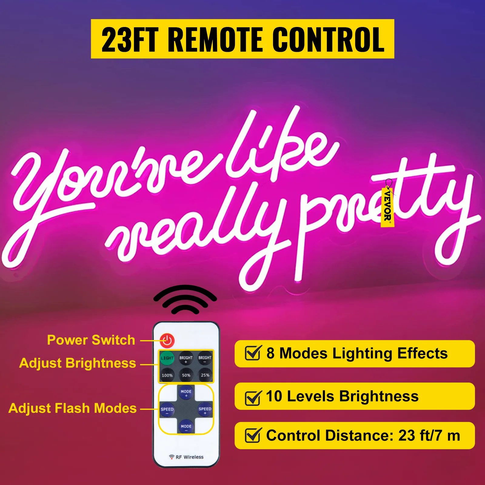 VEVOR neon sign with remote control, pink glow, and message "you're like really pretty".