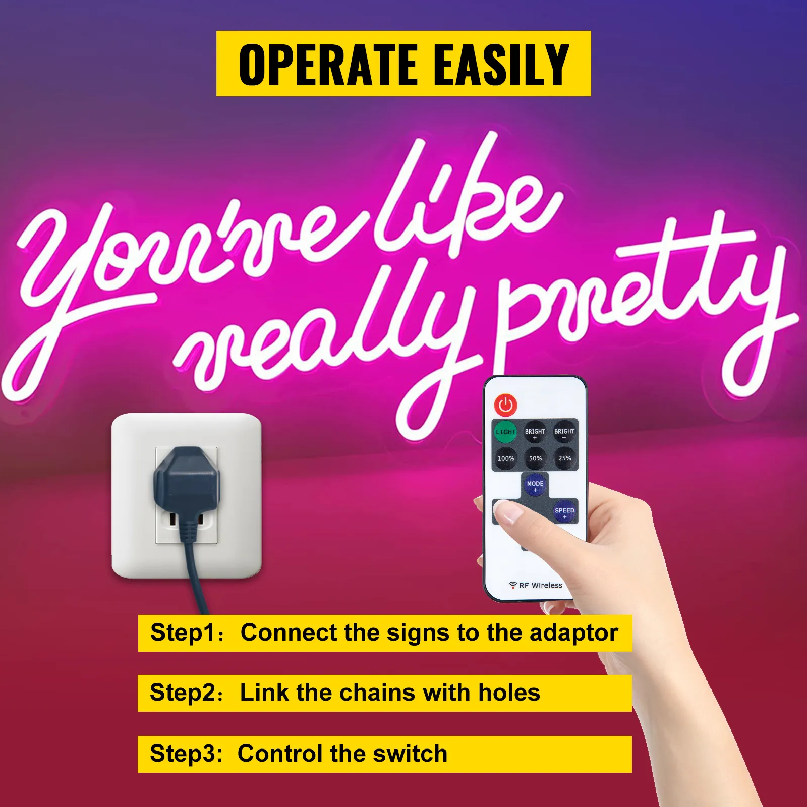 VEVOR neon sign with remote control, outlined instructions, and glowing pink text against a purple background.