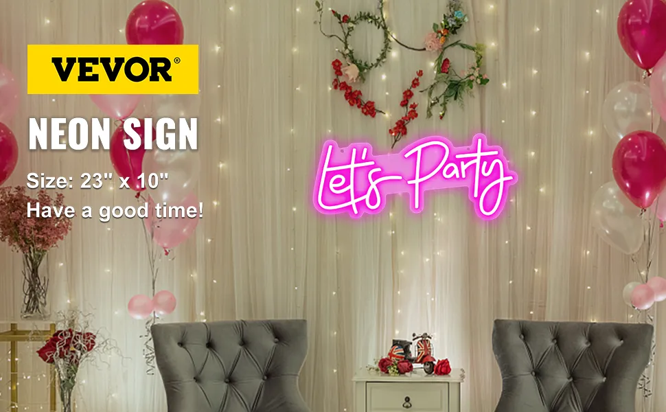 VEVOR neon sign with "let's party" text surrounded by pink balloons and chairs in a festive setting.