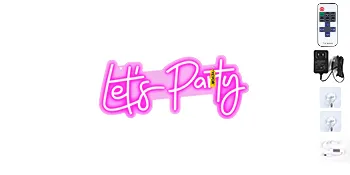 pink "let's party" VEVOR neon sign with power adapter, remote control, mounting hardware.