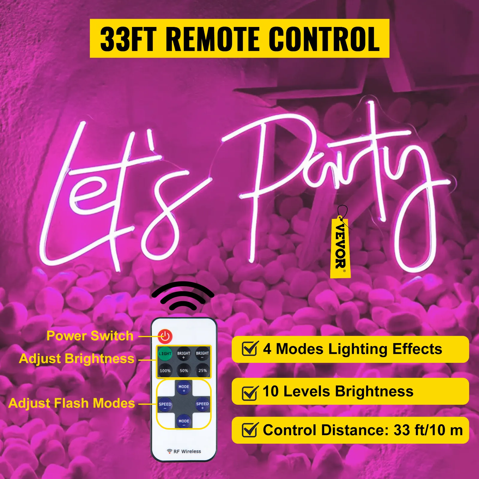 VEVOR neon sign with remote control, "let's party" text, 4 lighting modes, 10 brightness levels, 33ft range.