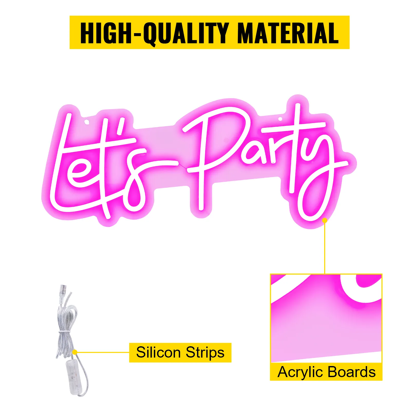 VEVOR neon sign with pink "let's party" text, highlighting silicon strips and acrylic boards.