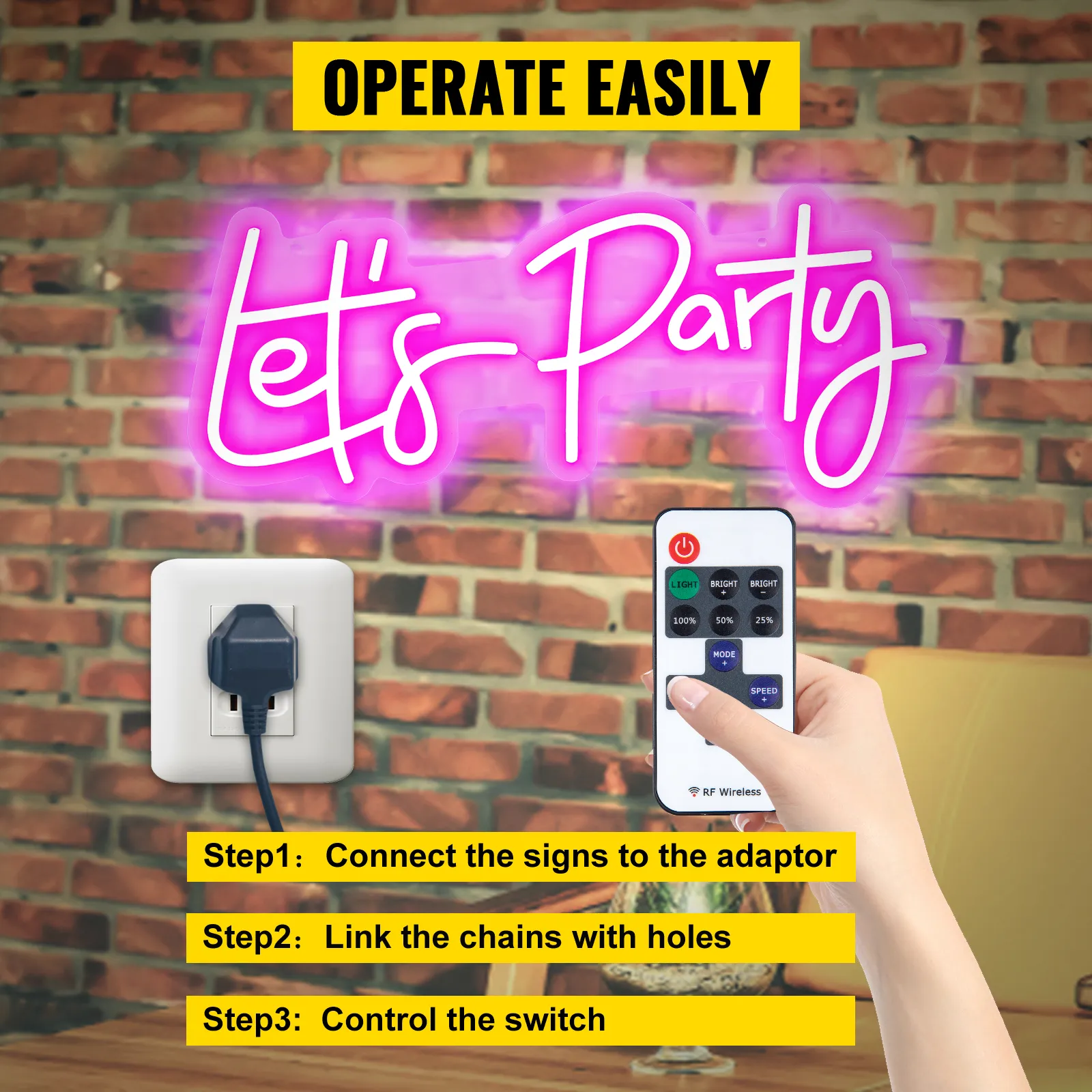 VEVOR neon sign: "let's party" glowing against a brick wall, remote in hand, and setup steps shown.
