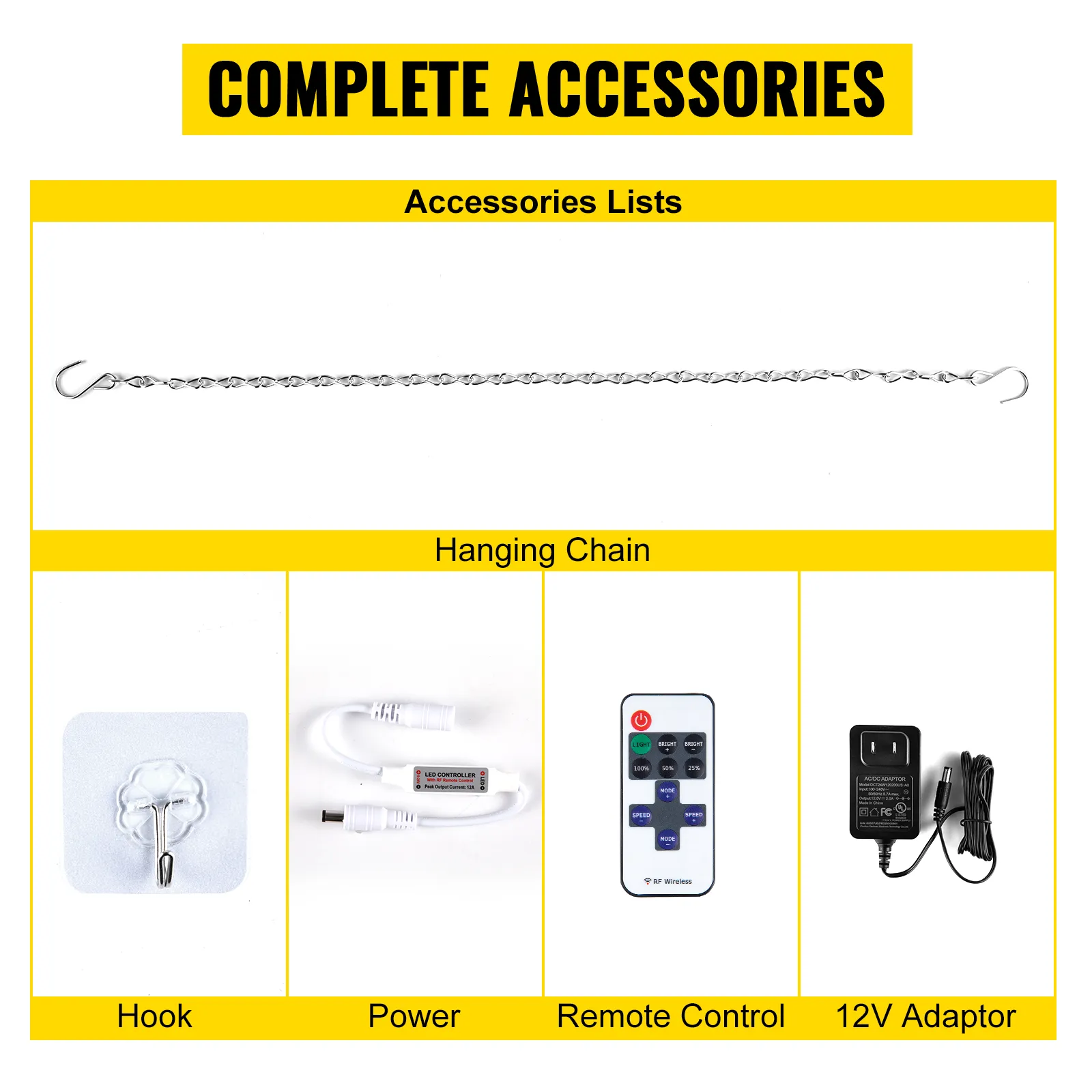 complete accessories for VEVOR neon sign: hanging chain, hook, power adapter, remote control, and 12v adaptor.