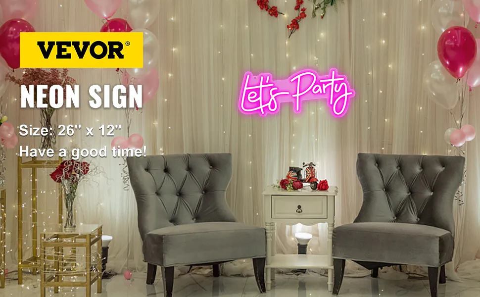 VEVOR let's party neon sign with pink balloons, fairy lights, and elegant gray chairs in a festive setting.