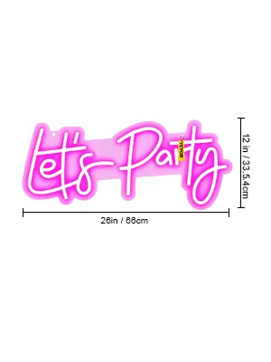 pink-neon "let's party" sign, VEVOR branding, measuring 26 inches by 12 inches (33.54 cm by 86 cm).