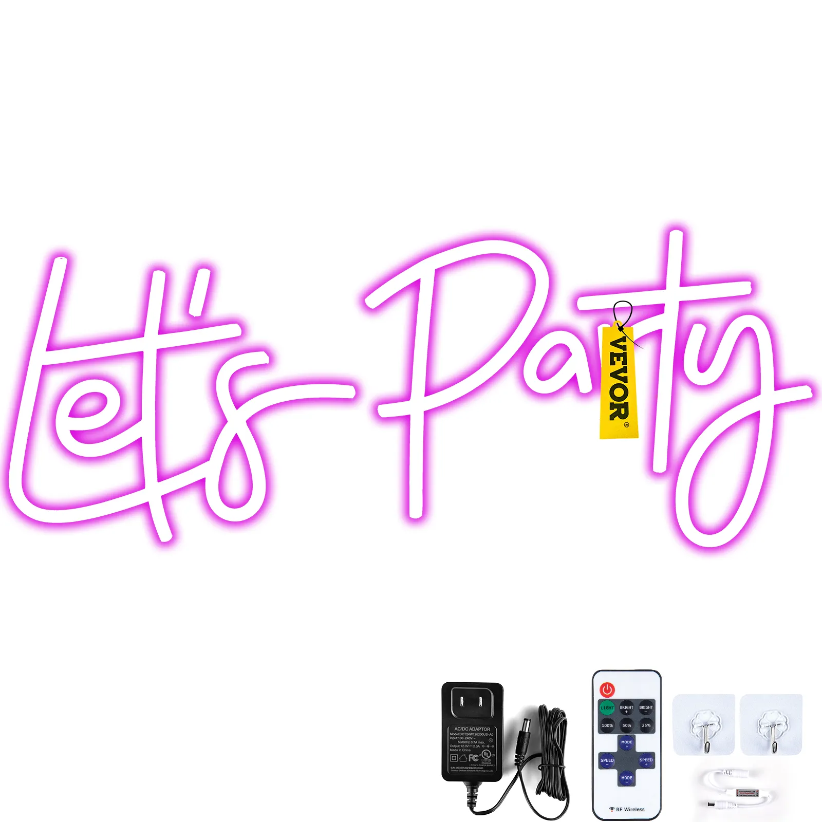 VEVOR let's party neon sign with pink led lights, power adapter, remote control, and wall hooks.