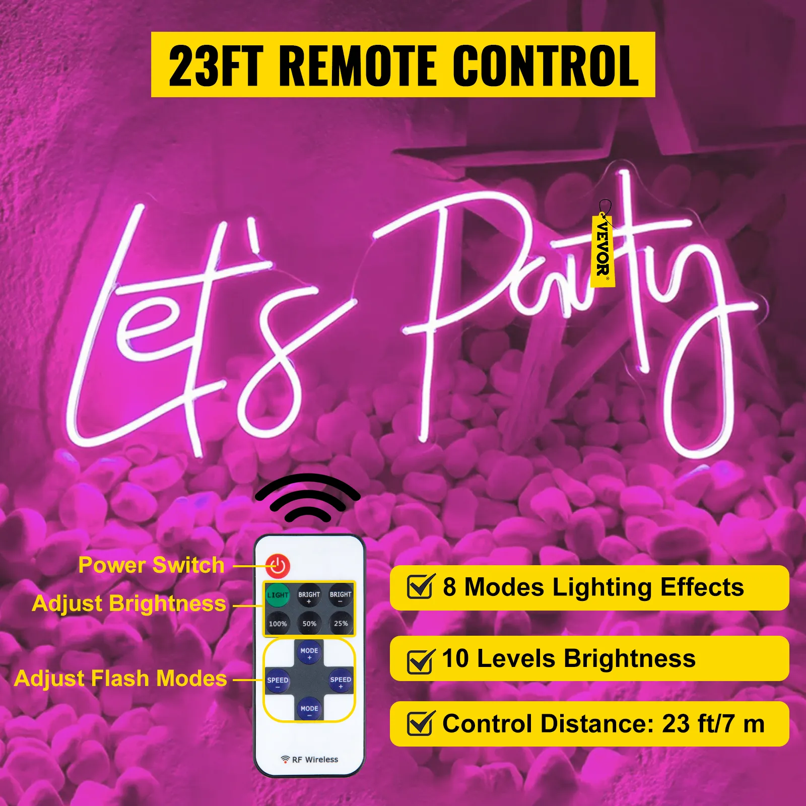 VEVOR let's party neon sign with remote control, adjustable brightness and lighting effects.