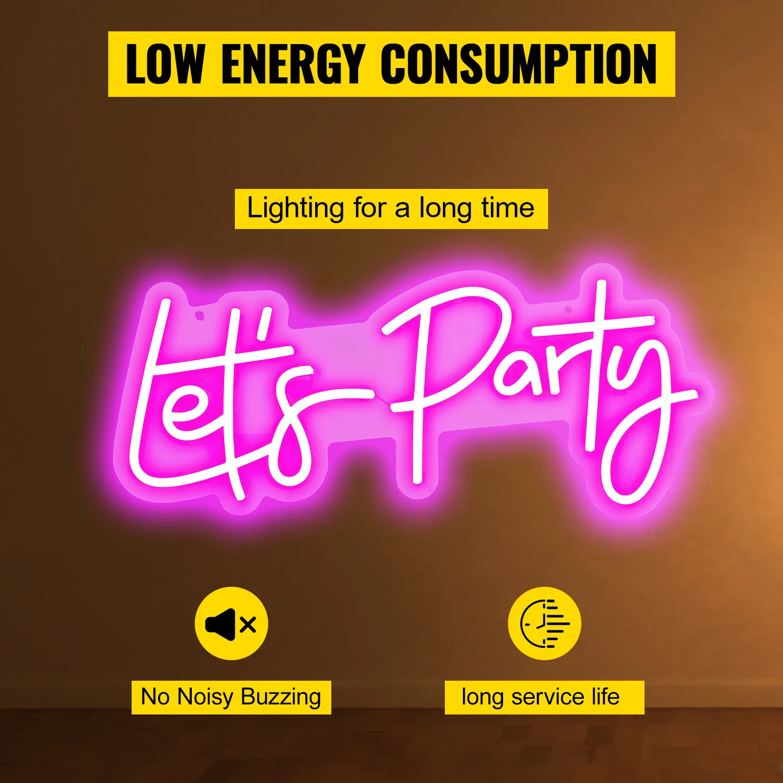 VEVOR let's party neon sign glowing in pink, highlighting low energy consumption, no buzzing, and long service life.