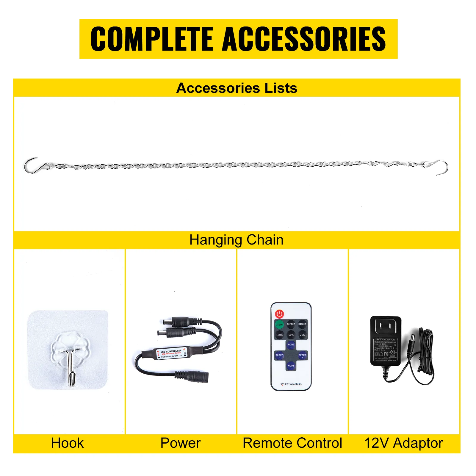 complete accessories for VEVOR let's party neon sign including hanging chain, hook, power, remote control, and 12v adaptor.