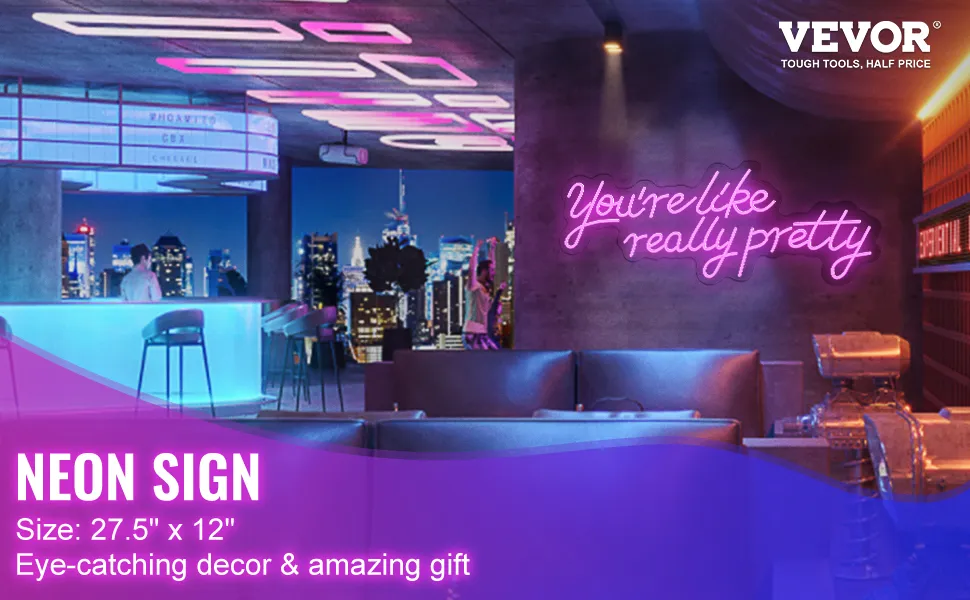 VEVOR neon sign in a trendy bar setting with a view of the night city skyline, size 27.5" x 12".