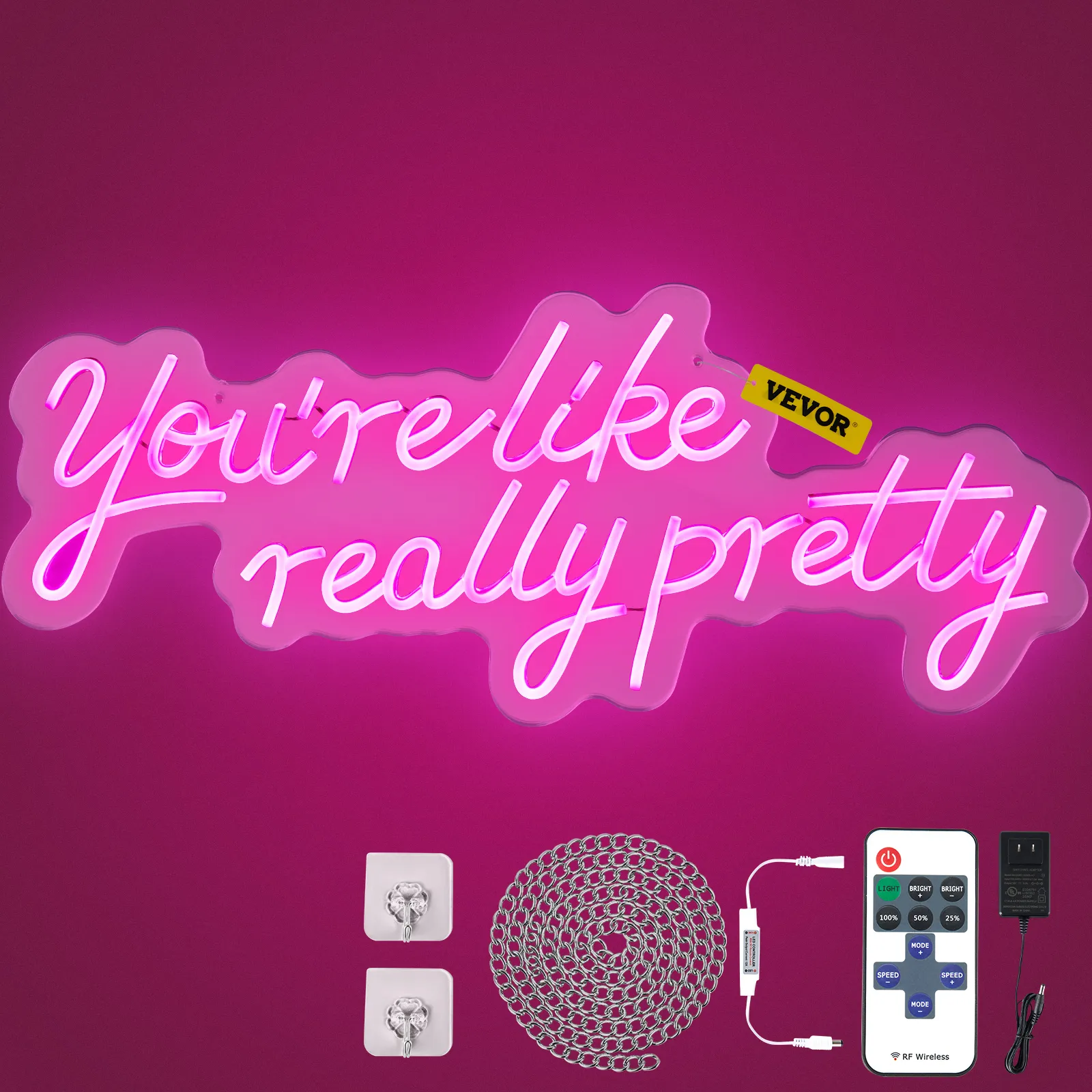 pink "you're like really pretty" VEVOR neon sign with accessories including remote and power adapter.