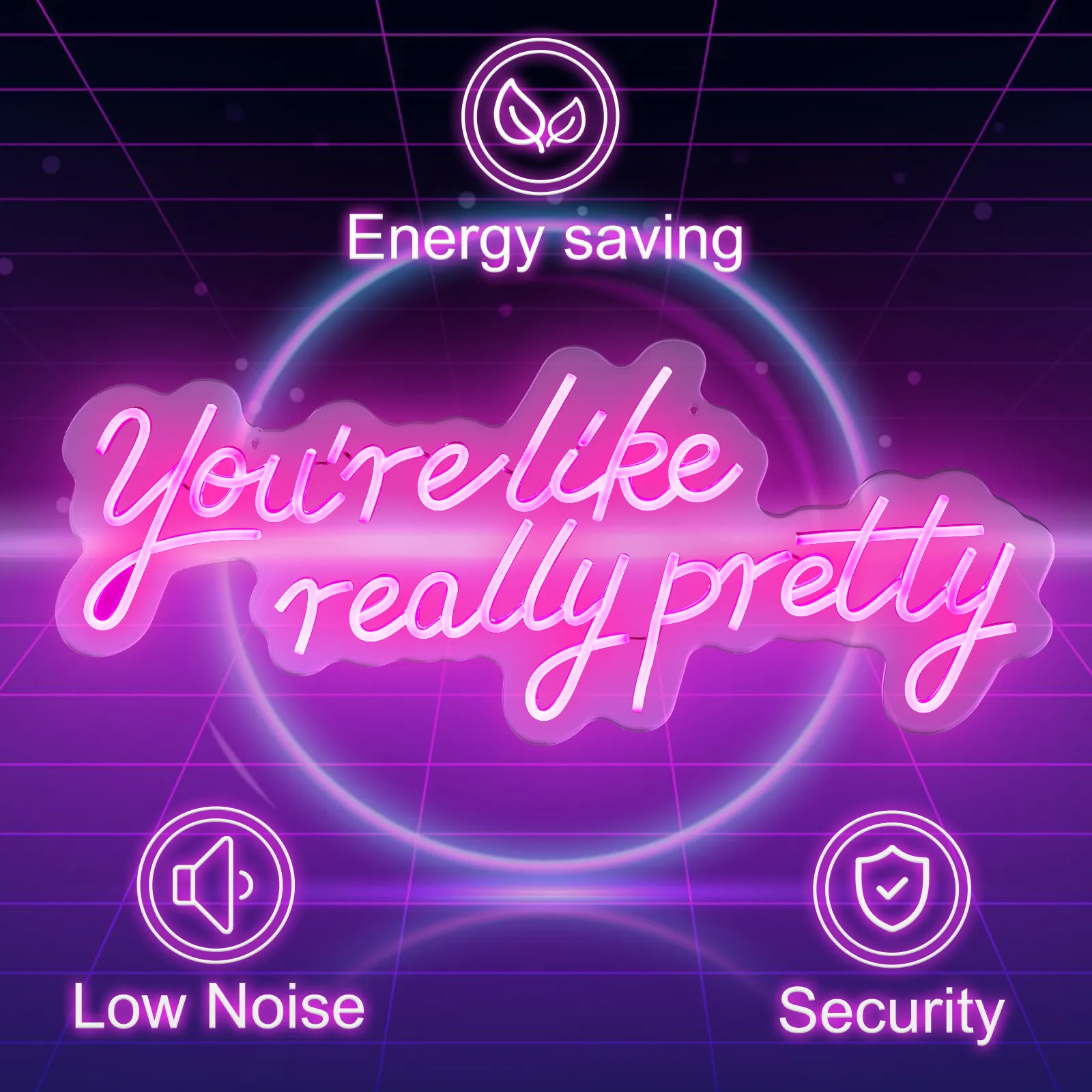 VEVOR neon sign with "you're like really pretty" text, highlighting energy saving, low noise, and security.