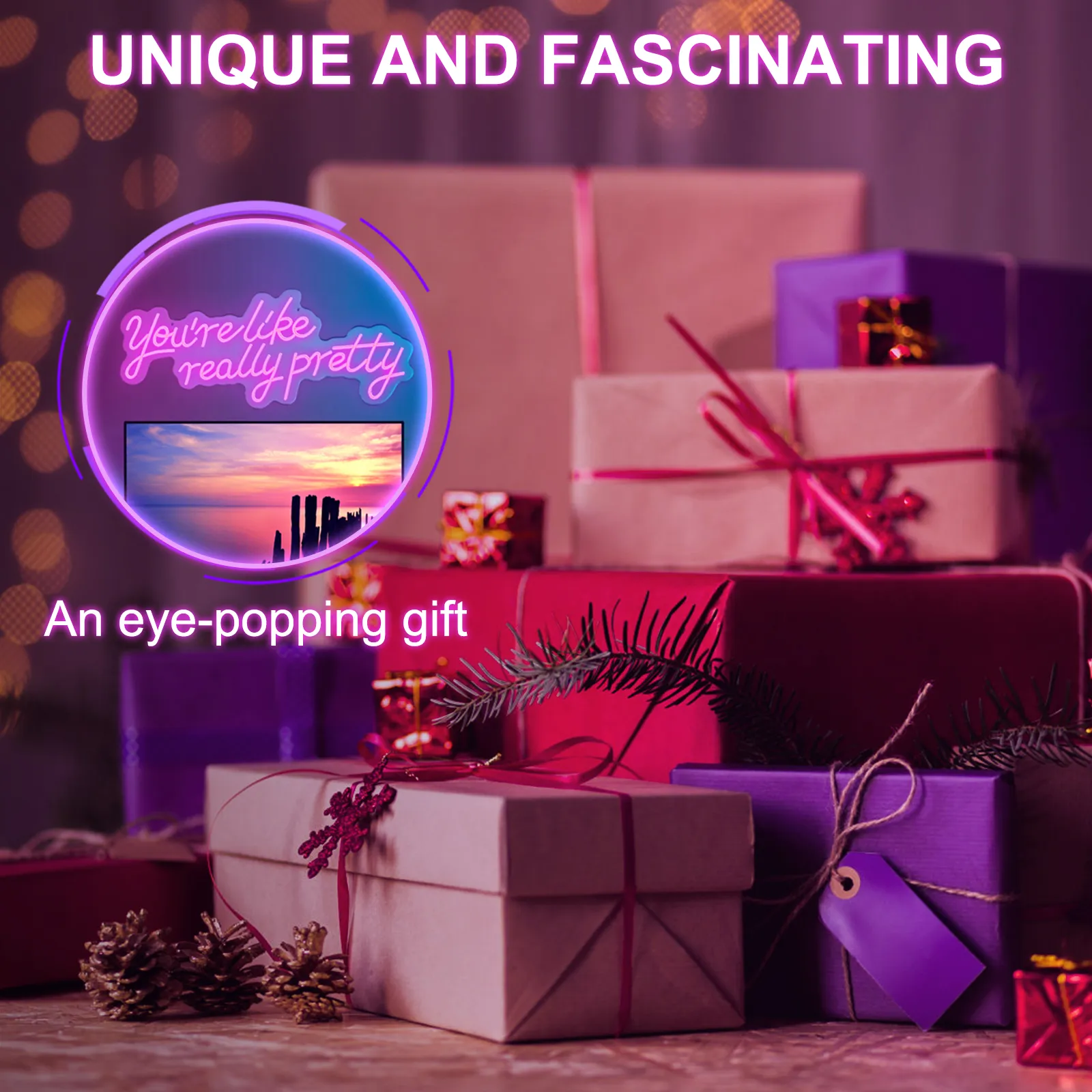 VEVOR neon sign - unique and beautiful gift idea with neon sign and wrapped presents.