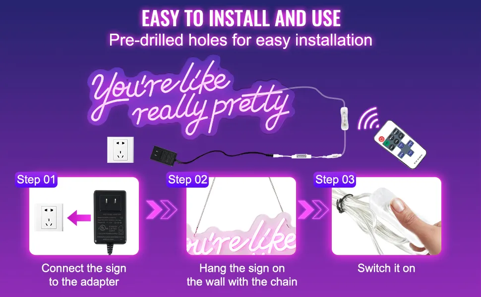 steps to install and use VEVOR neon sign with pre-drilled holes and remote control.