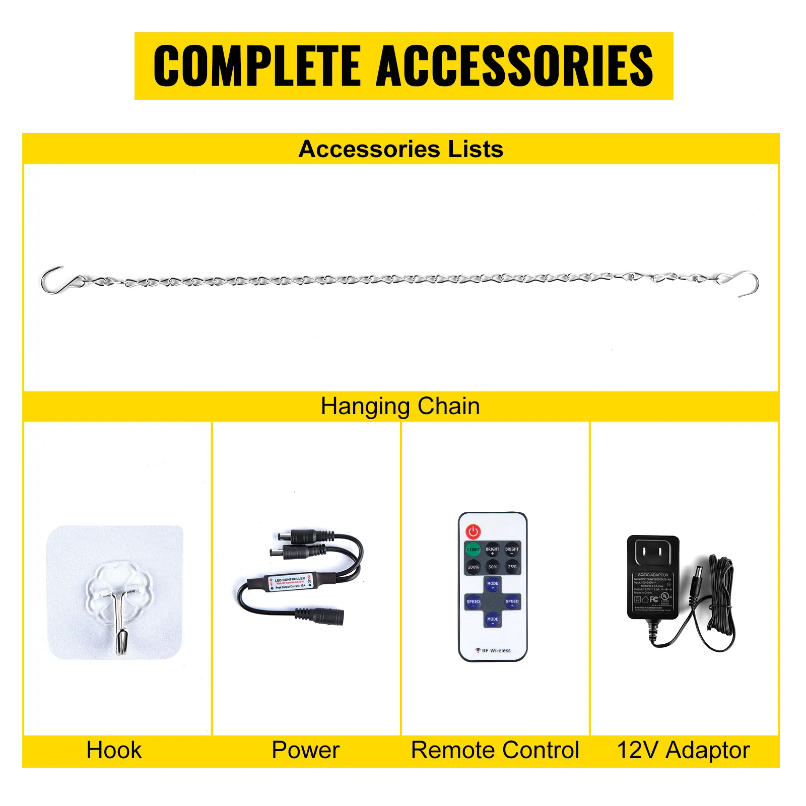VEVOR neon sign accessories: hanging chain, hook, power, remote control, 12v adaptor. complete set.