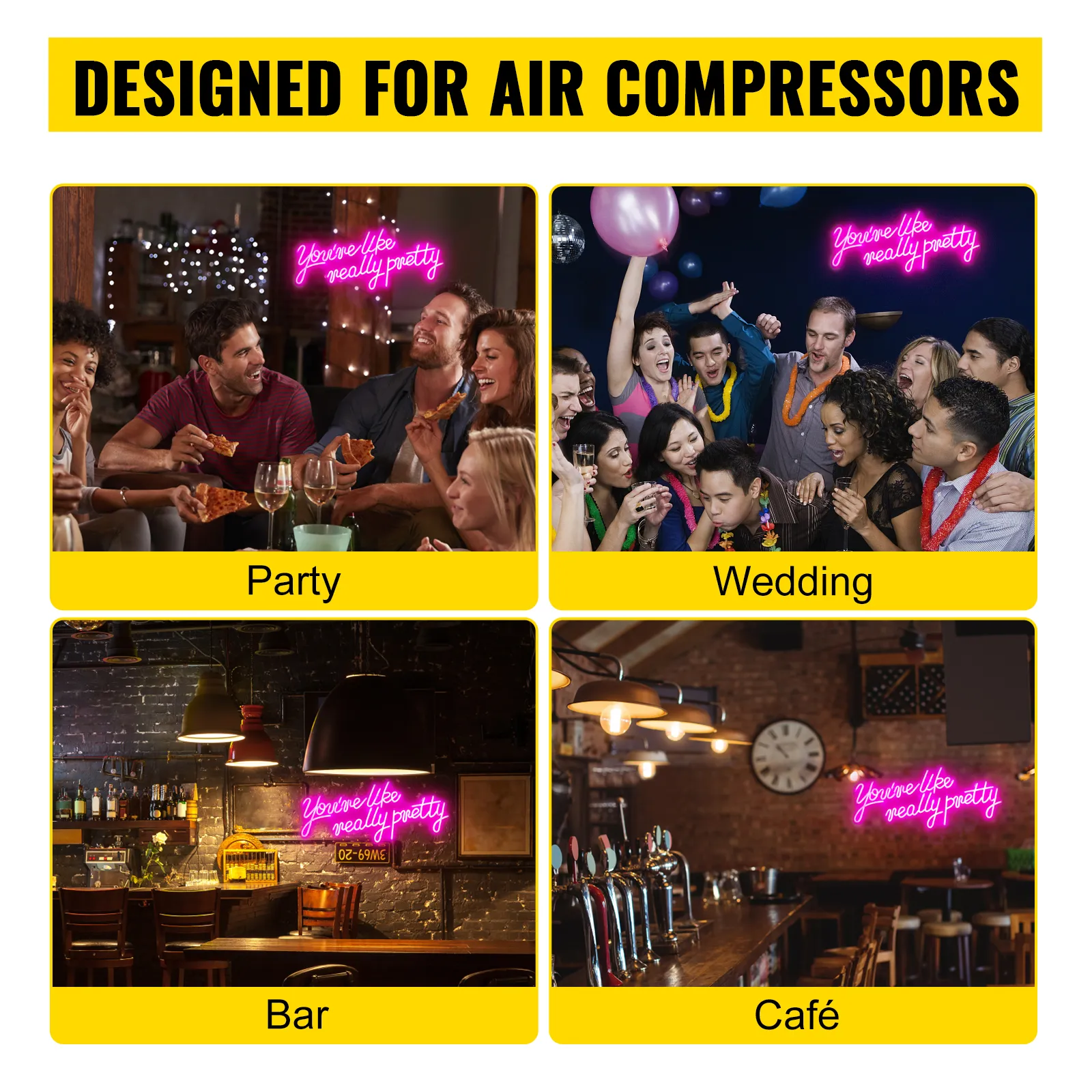 VEVOR neon sign displayed in party, wedding, bar, and café settings with vibrant pink lighting.