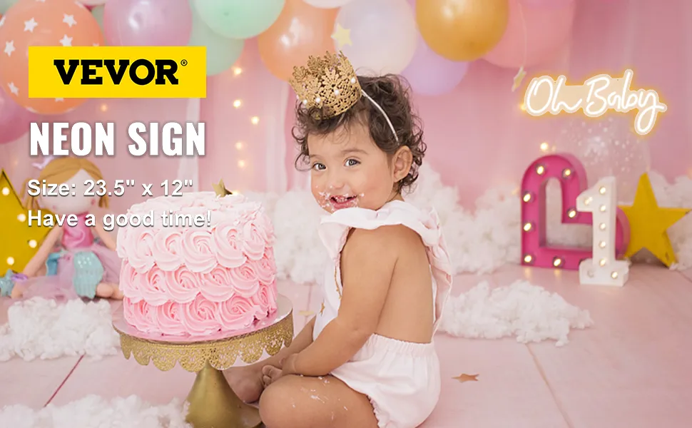 VEVOR oh baby neon sign with balloons, pink cake, and birthday decor in a festive party setting.