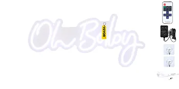 VEVOR oh baby neon sign with remote, power adapter, and mounting hardware on a white background.