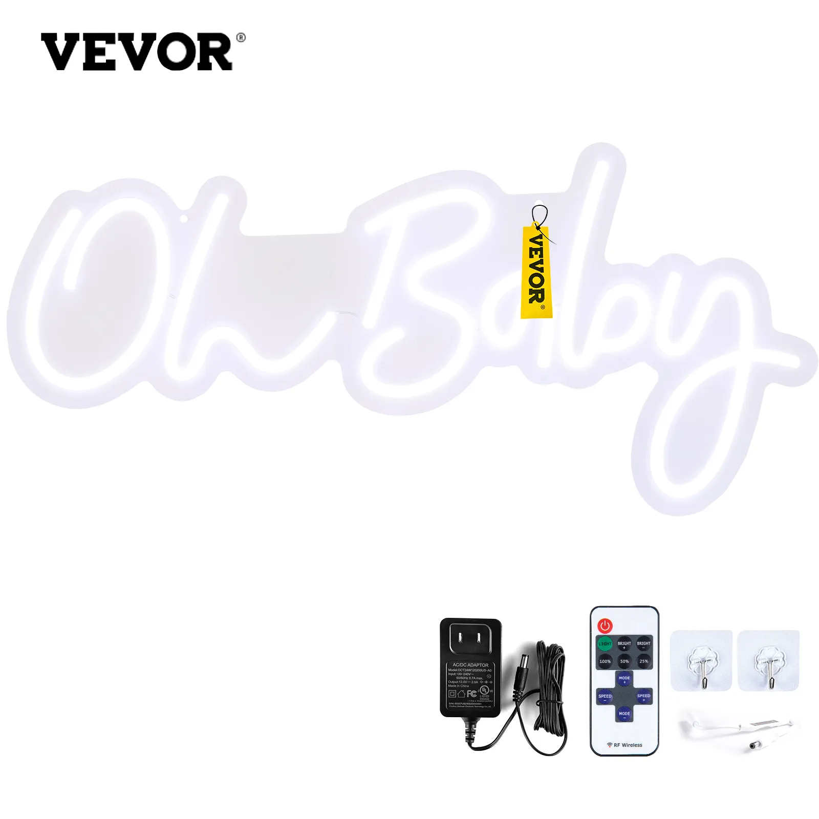 VEVOR oh baby neon sign with power adapter, remote control, and wall mounts for easy installation.