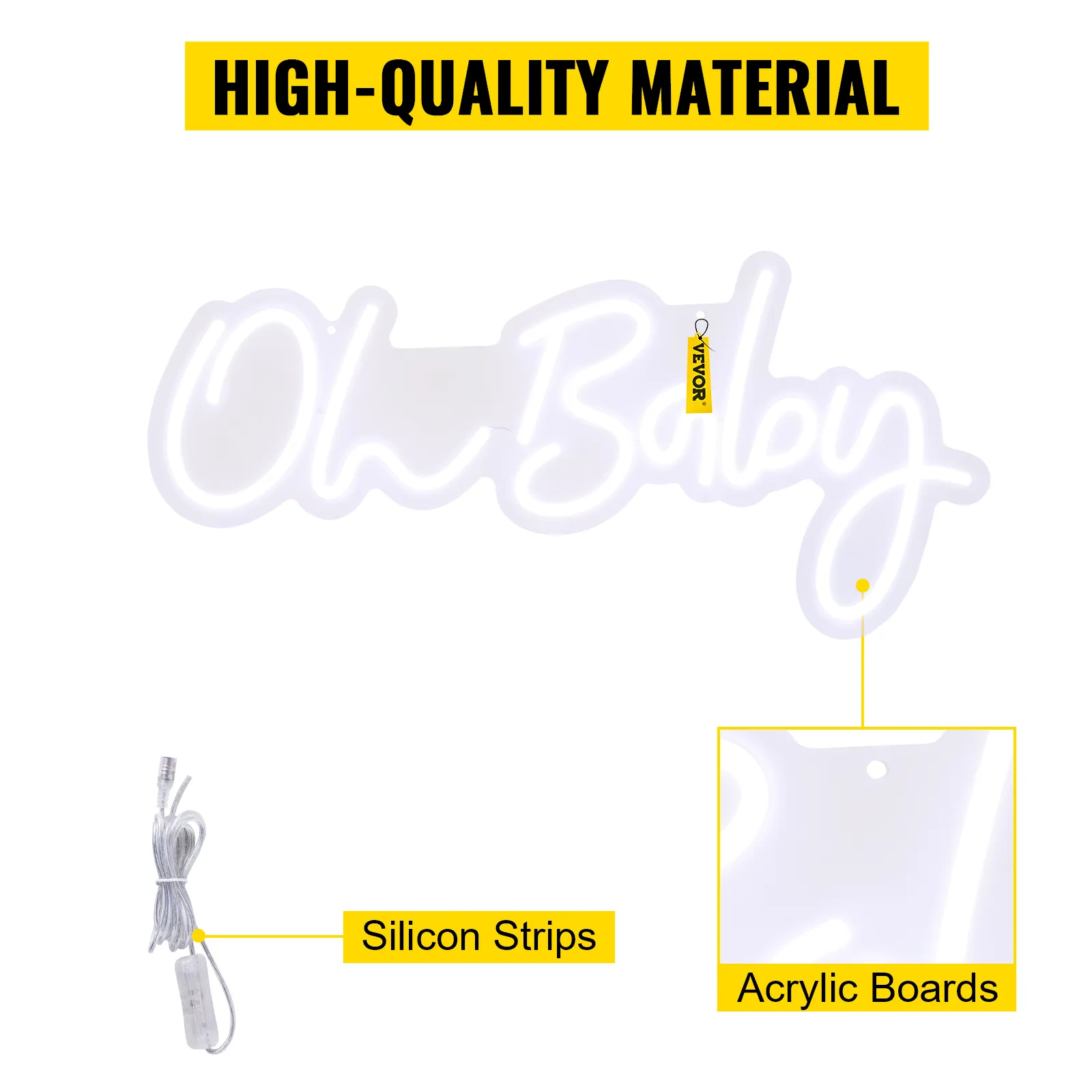 VEVOR oh baby neon sign with high-quality materials, featuring silicon strips and acrylic boards.