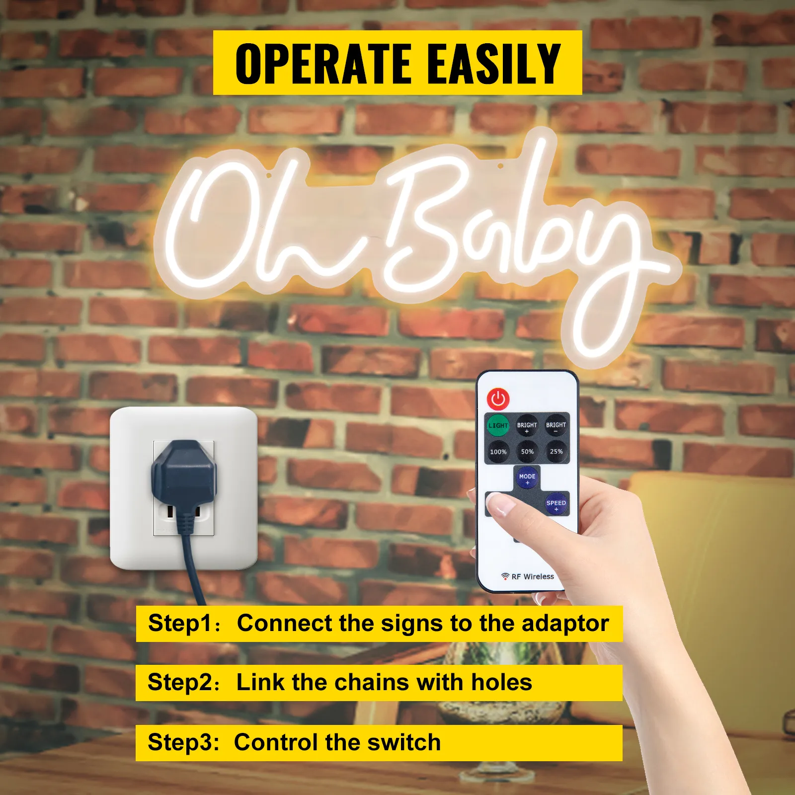 hand holding remote with VEVOR oh baby neon sign on brick wall, showing easy operation steps.