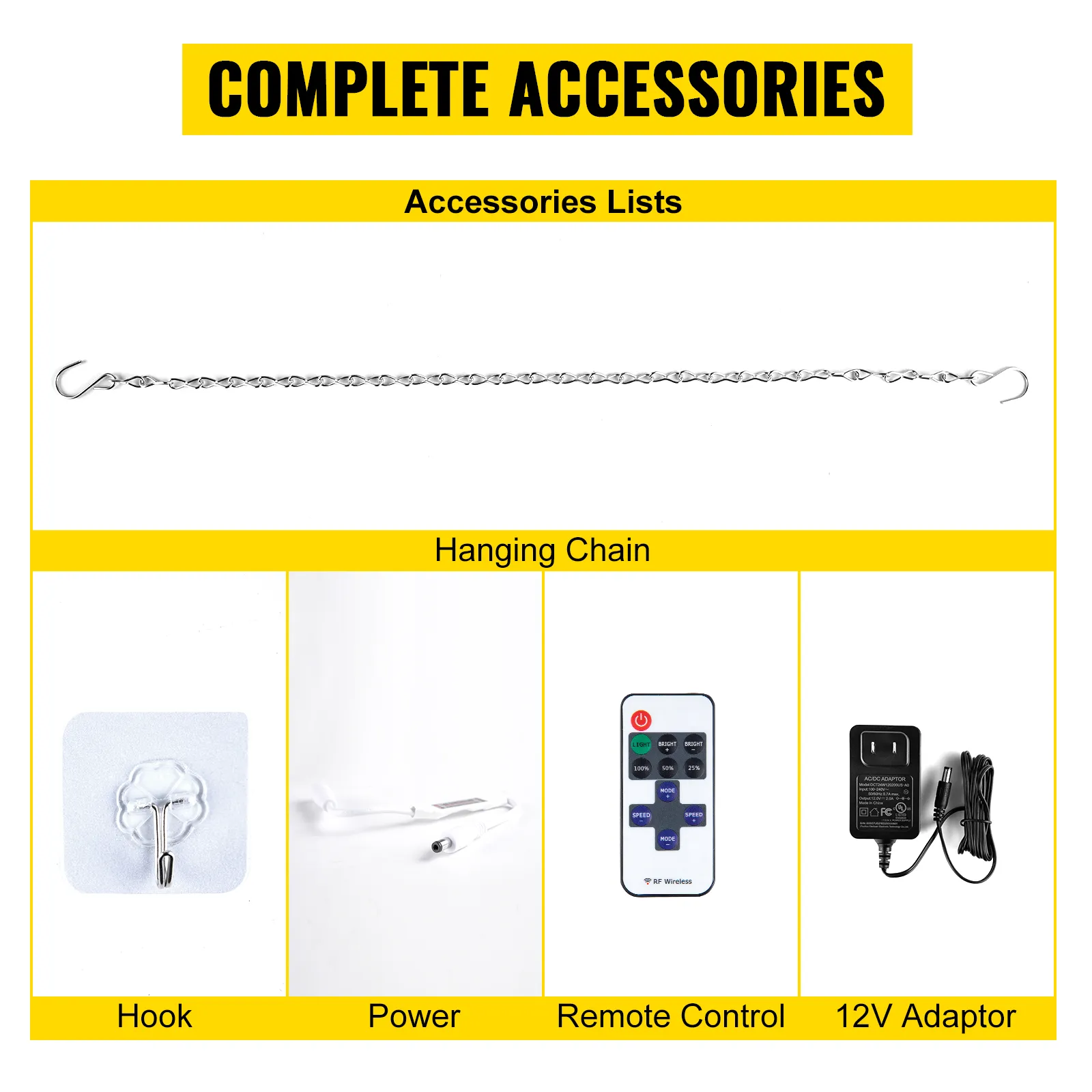complete accessories for VEVOR oh baby neon sign: hanging chain, hook, power cord, remote control, 12v adaptor.