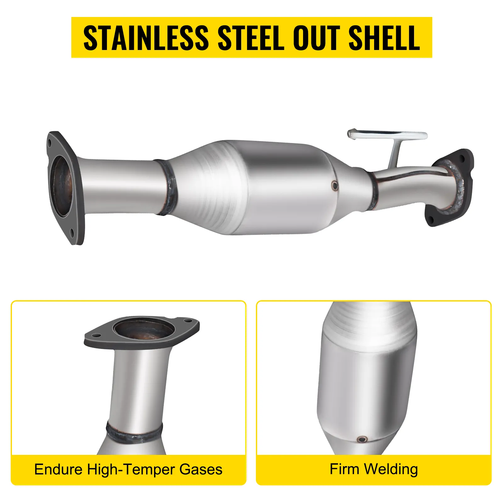 VEVOR traverse catalytic converter with stainless steel shell, endures high-temp gases.