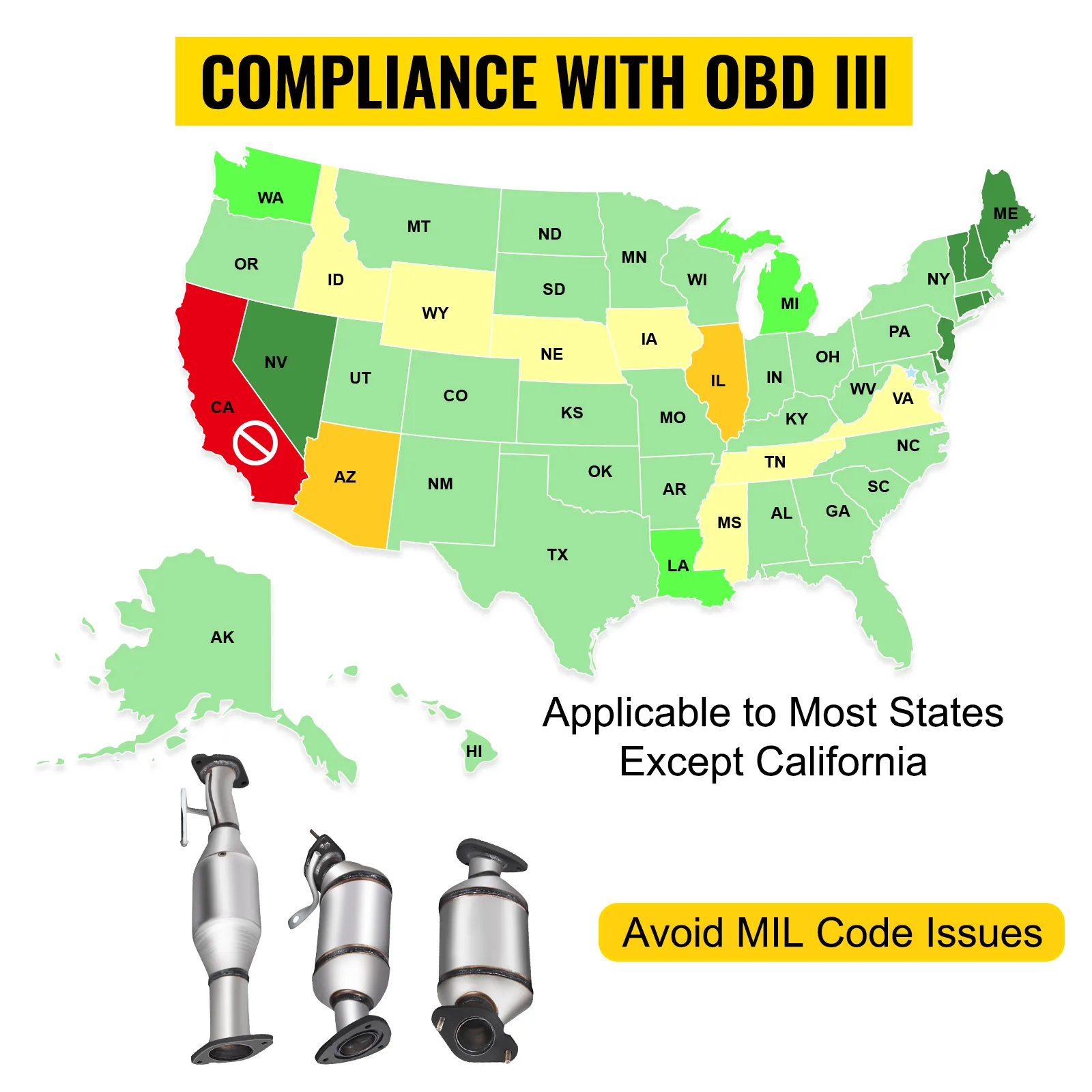 VEVOR traverse catalytic converter compliance map for most states except california.