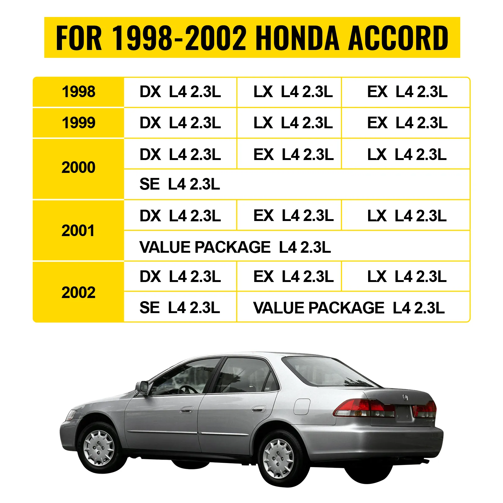 Guía del modelo Honda Accord 1998-2002 con sedán gris en la parte inferior.