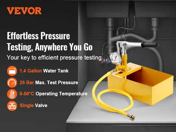 effortless pressure testing with VEVOR hydrostatic test pump, 1.4-gallon tank, 25 bar, and single valve.