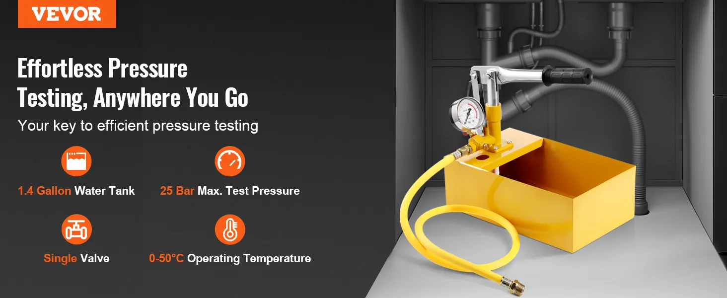 effortless pressure testing with VEVOR hydrostatic test pump, 1.4-gallon tank, 25 bar, and single valve.