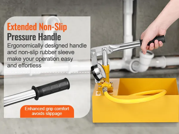 extended non-slip pressure handle on yellow VEVOR hydrostatic test pump for easy operation.