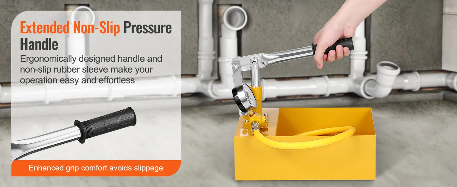 extended non-slip pressure handle on yellow VEVOR hydrostatic test pump for easy operation.