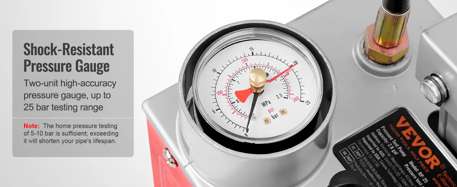 VEVOR hydrostatic test pump with shock-resistant pressure gauge for accurate testing up to 25 bar.