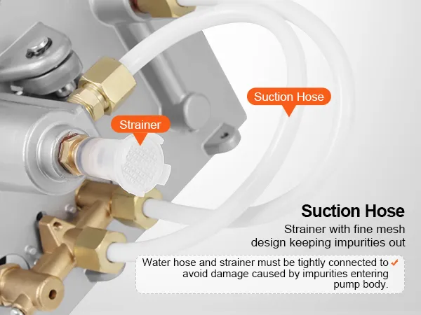 VEVOR hydrostatic test pump strainer with fine mesh design and labeled suction hose attachments.