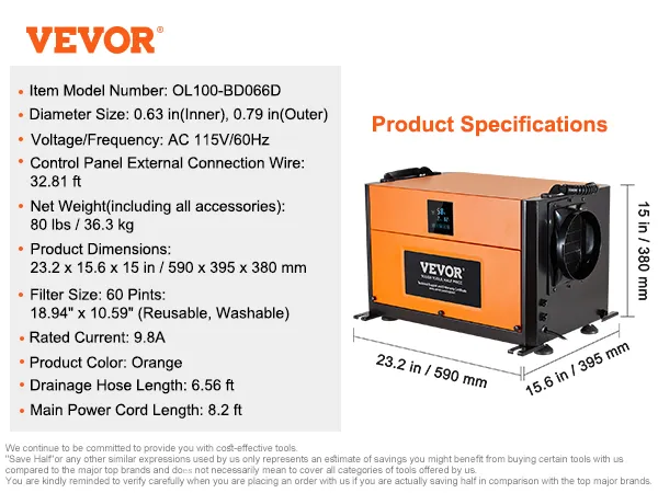 VEVOR commercial dehumidifier, 115v/60hz, 80 lbs, 60 pints, 23.2x15.6x15 in, orange, model ol100-bd066d